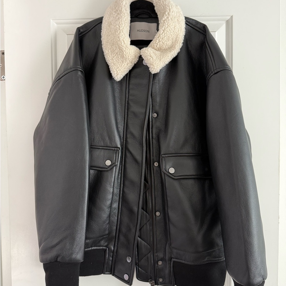 Hudson Jeans Oversized Bomber Jacket with Cream Shearling Collar